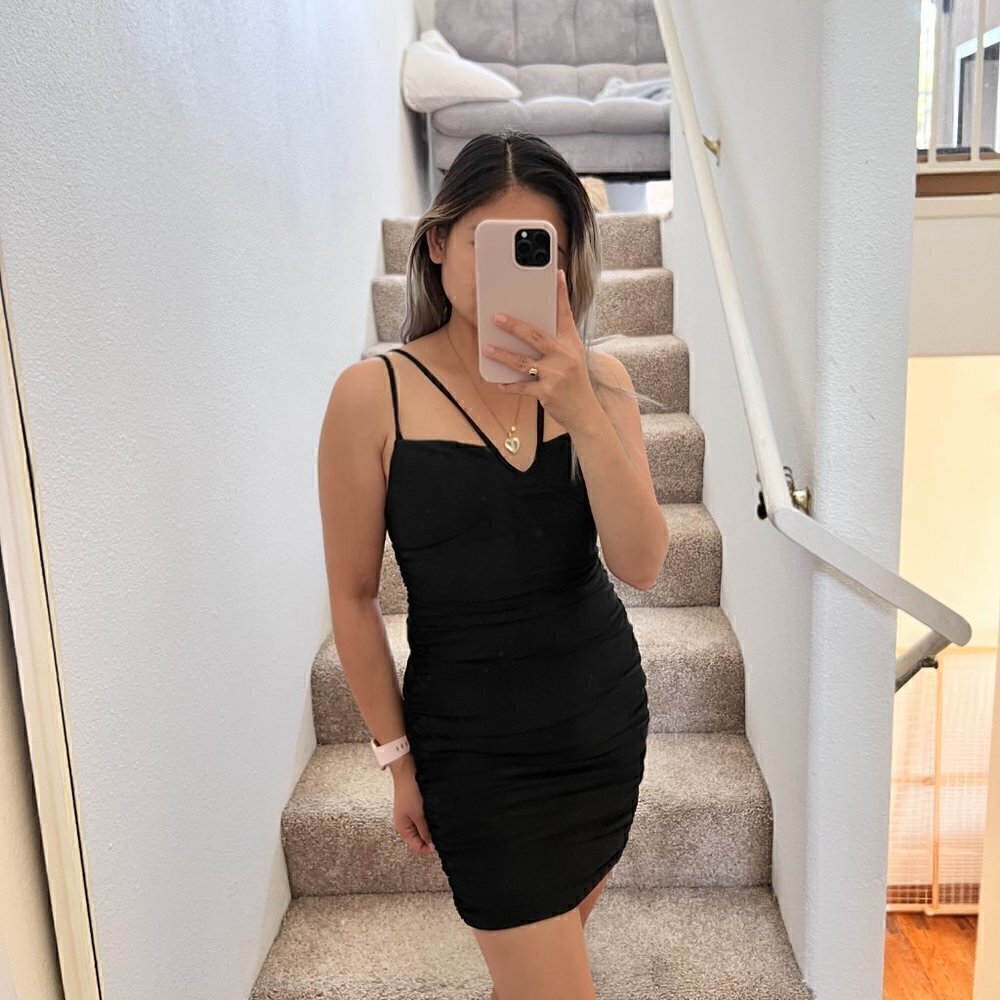 Tiger Mist Black Double Strap Ruched Bodycon Mini‎ Dress S‌‌‌‌‌‌‌‌‌